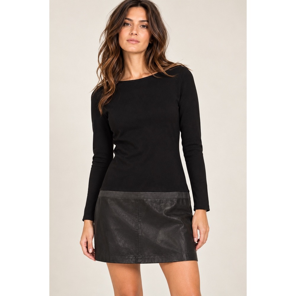 Theory Black Kieran Lamb Leather Skirt Long Sleeve Mini Dress Size Medium